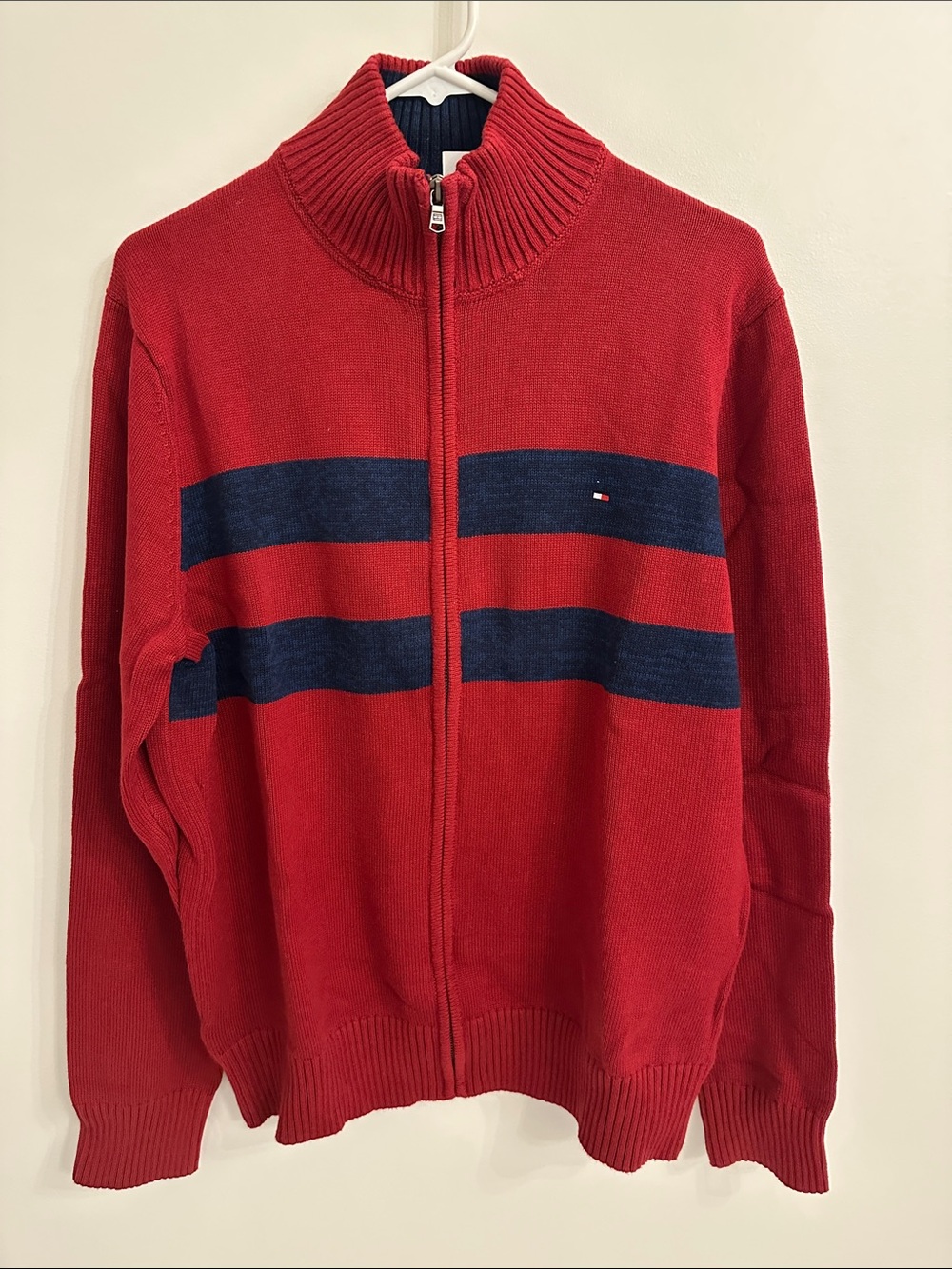 NWT Tommy Hilfiger Red Zip-Up Sweater with Navy Stripes